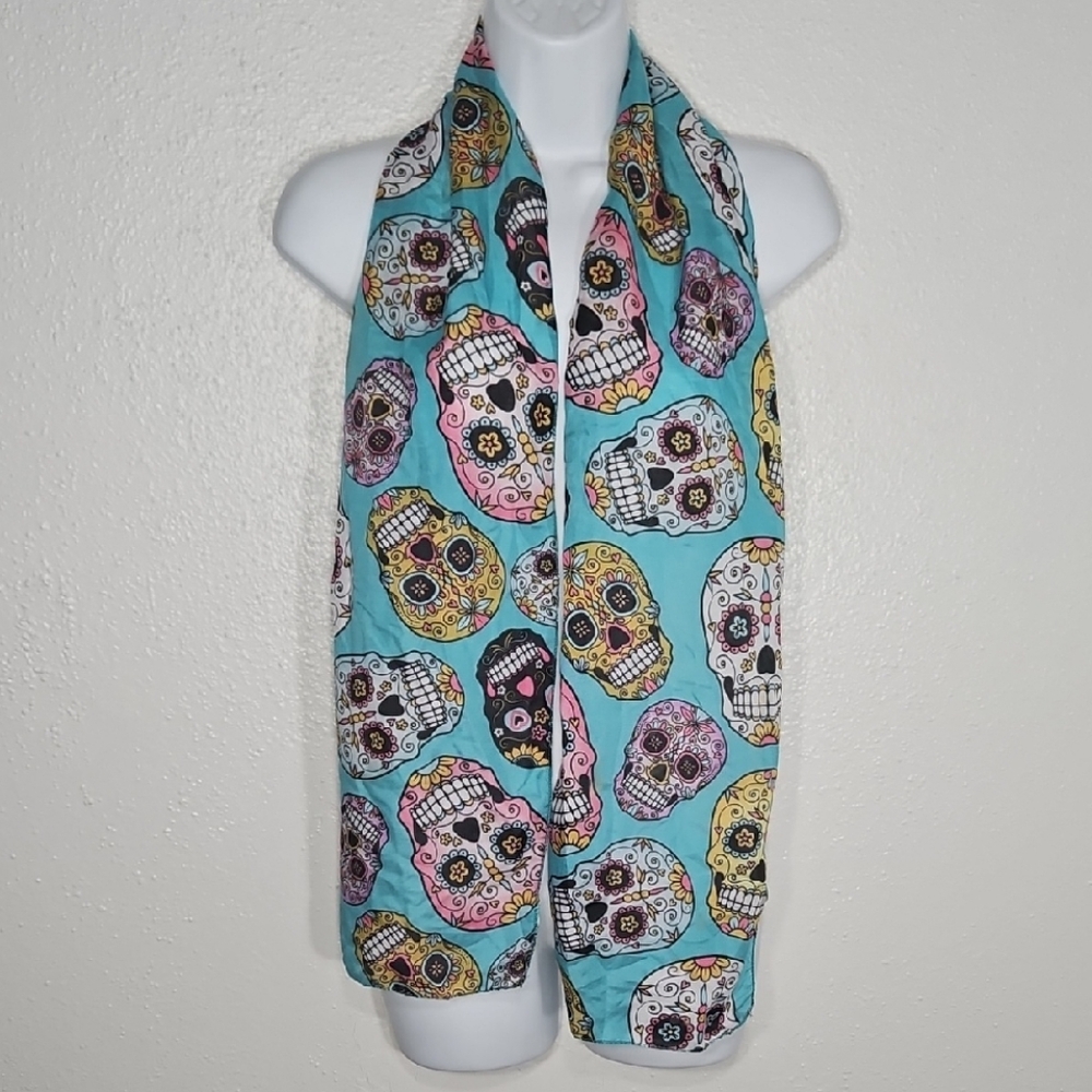 Colorful Sheer Sugar Skulls Print on aqua Scarf 60x10